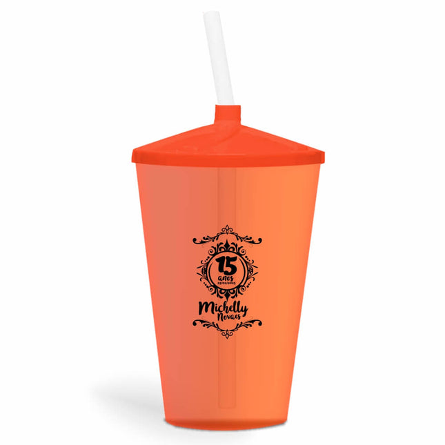 Copo Twister Com Canudo 600Ml  Transparente Laranja  1X0